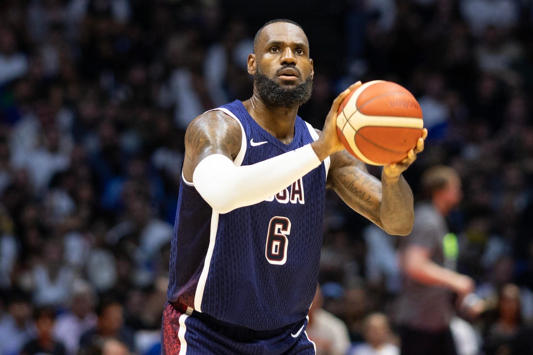 LONDON, ENGLAND: JULY 20: LeBron James #6 of the United States at the free throw line during the USA V South Sudan, USA basketball showcase in preparation for the Paris Olympic Games at The O2 Arena on July 20th, 2024, in London, England.